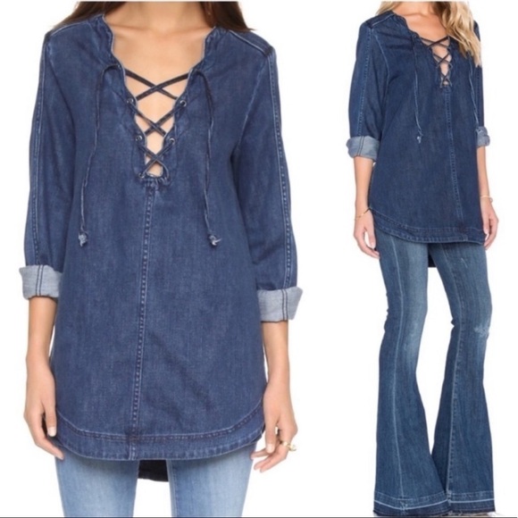 FREE PEOPLE Denim Tunic Top Jean Dress Neapolitan Dreams Lace Up Long Sleeve S - Picture 2 of 13